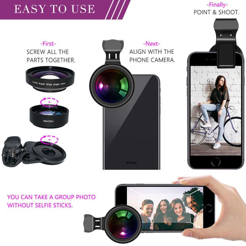 Large Aperture Hd Phone Lens, 52Uv 0.45X Wide Angle & 15X Macro Lens, 2 In 1 Clip-On Cell Phone Camera Lens For Iphone, Samsung