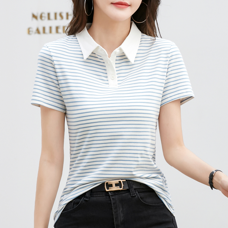 Korean Style Short Sleeve Polo Shirt Women Cotton Stretch Summer Tops Knitted Striped T-shirt For Women: XXXL / Turquoise