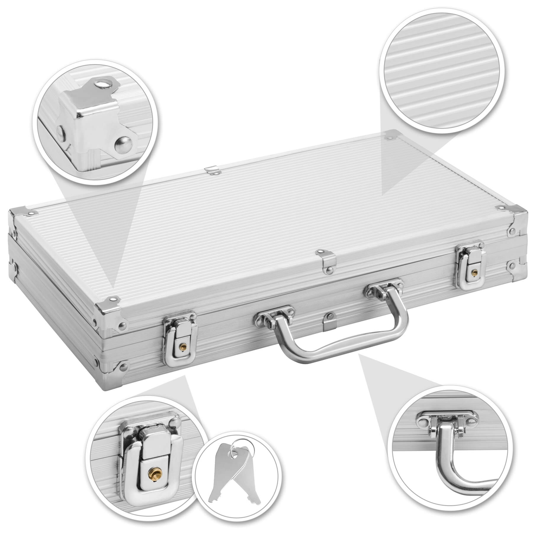 Tectake Conjunto de Poker plata 300 fichas - juego de póker con dos barajas, set para jugar al póker con maletín de aluminio, cartas de poker con fichas y dados, conjunto de juego de poker con maleta, pack de poker