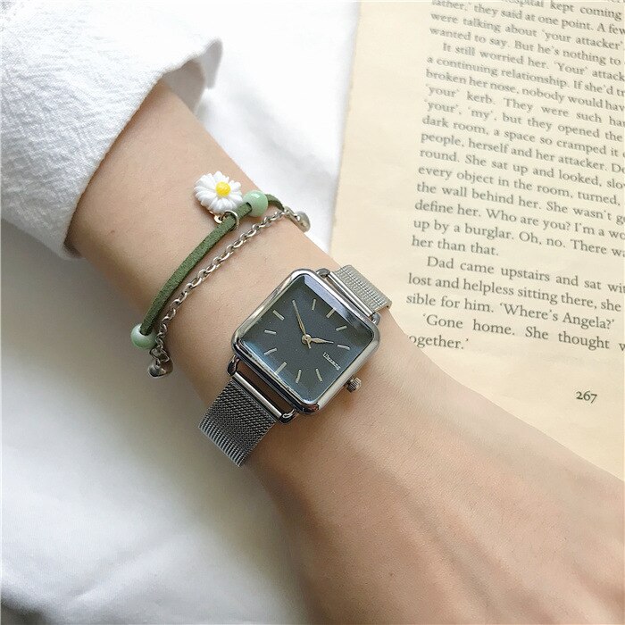 Vrouwen Mode Vierkante Horloges Minimalistische Dames Quartz Wrsitwatches Ulzzang Goud Zilver Rvs Mesh Band Klok: Silver black
