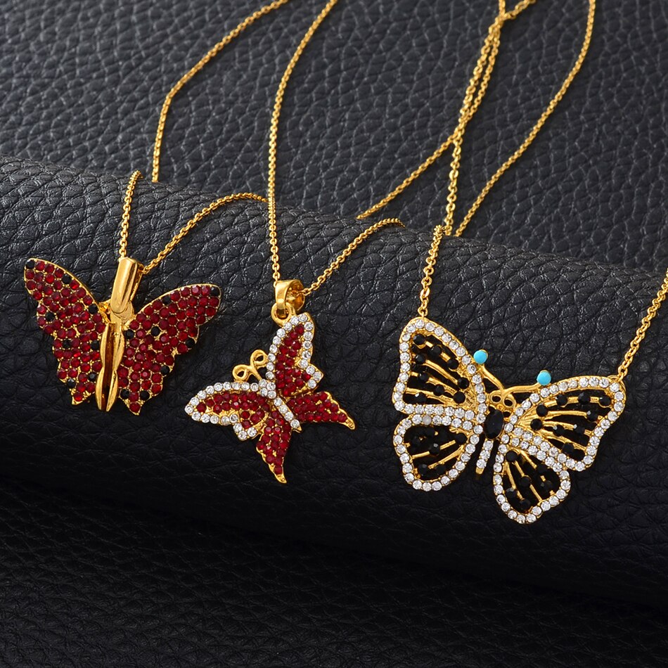 Collar de mariposa Anniyo con colgante de pedrería, cadenas finas, joyas de Color dorado para mujeres y niñas, collares voladores de mariposa #017301