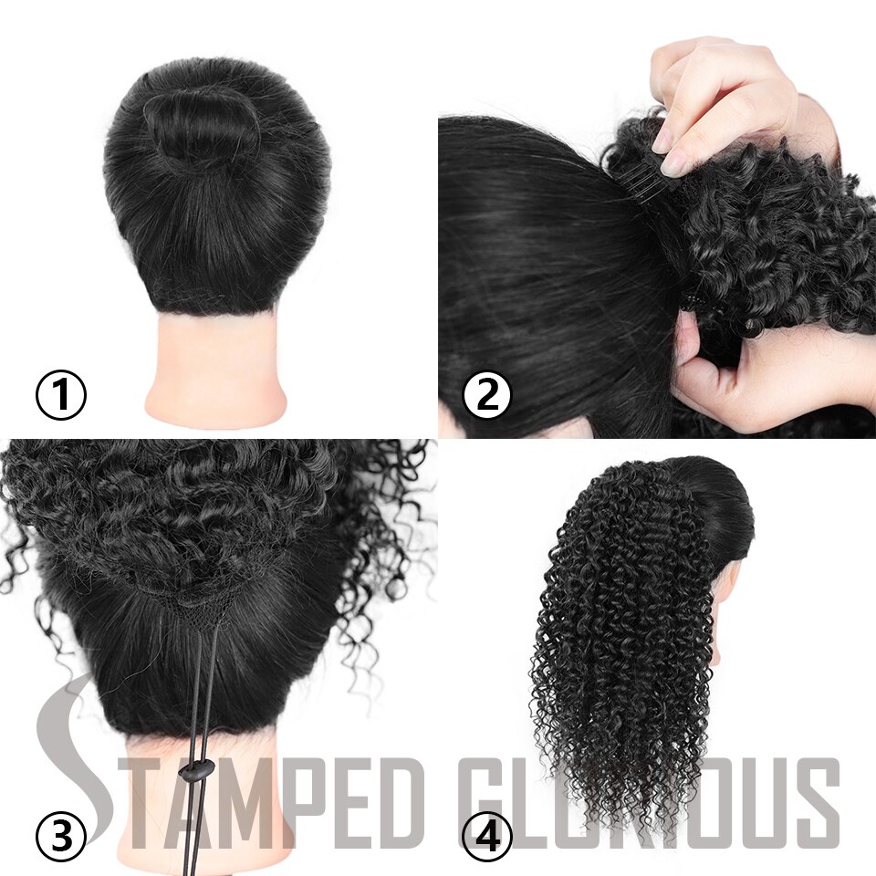 Stamped Glorious Afro Curly Ponytail Hair Piece Long Synthetic Drawstring Ponytail for African American Clip in Hair Extensions