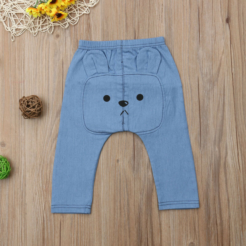 0-3Y Baby Boy Girls Denim Pants Toddler Kid Bear Sweatpant Joggers Elastic Bottoms Trouser