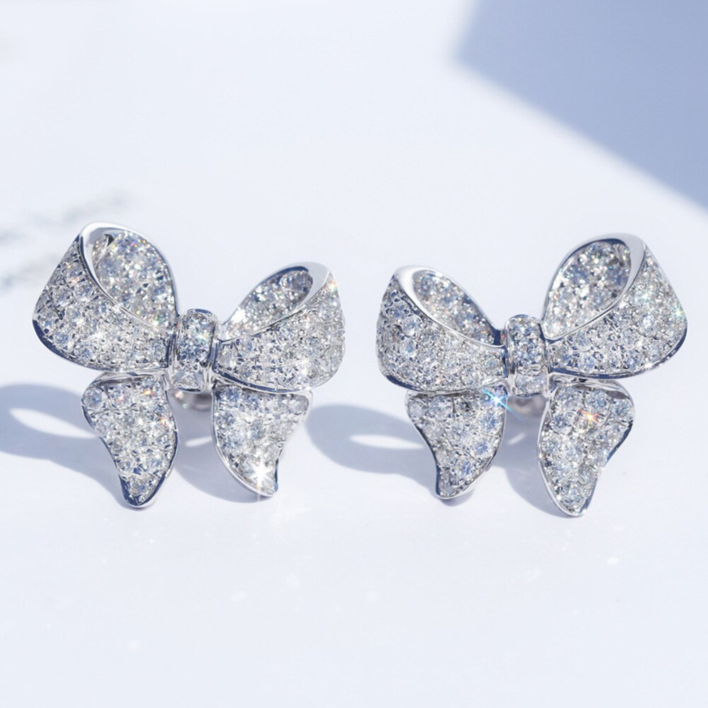 Women Full Cubic Zirconia Inlaid Bowknot Ear Stud Earrings Jewelry