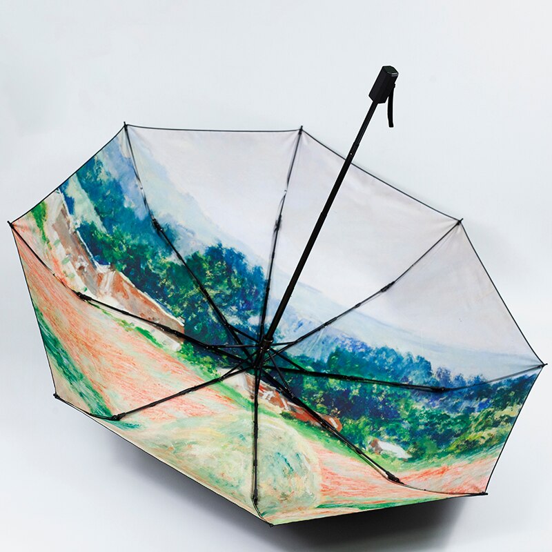 Claude Monet Oil Painting Umbrella Portable Manual 3-fold Rain Sun Umbrella For Women Parasol: manual umbrella-5