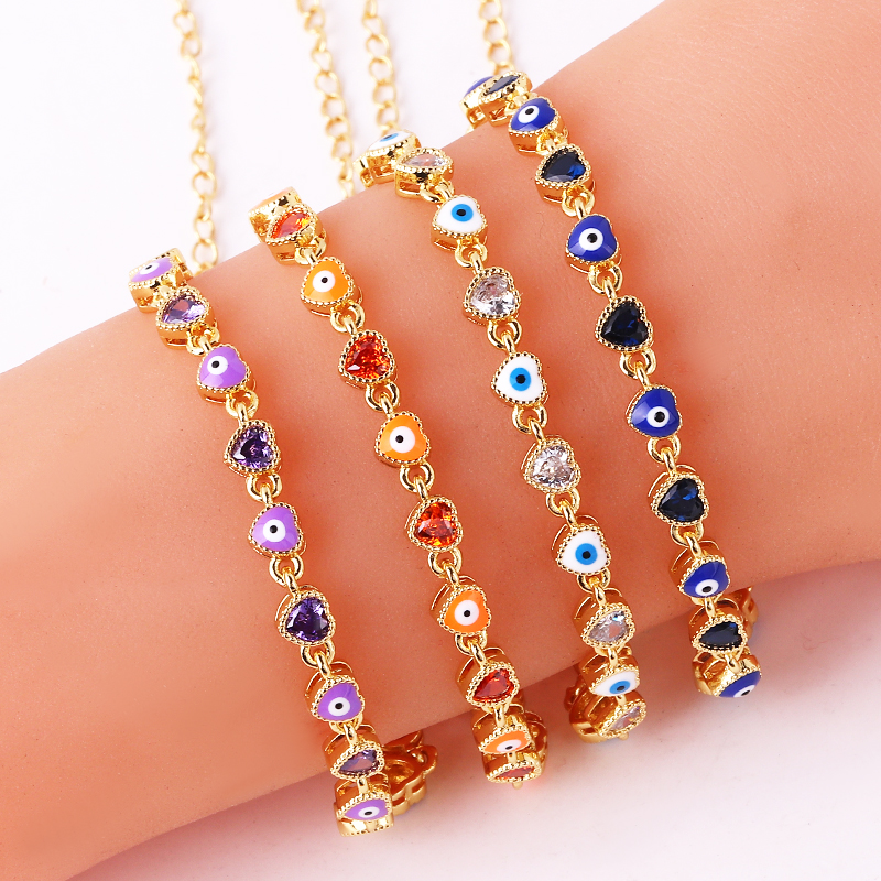 Pulsera con dije de mal de ojo turco y corazón chapado en oro de 18 quilates para mujer, pulsera ajustable con cadena de cobre de la suerte bohemia, joyería de verano
