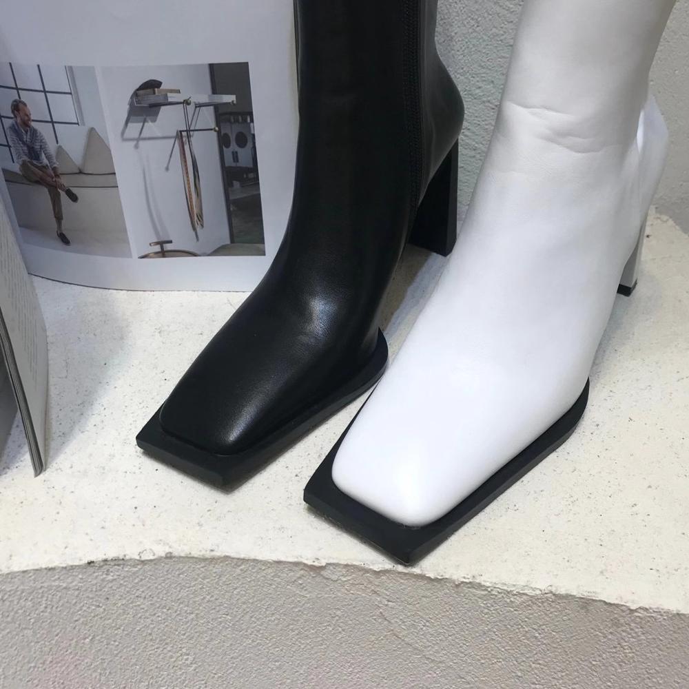Botas Martin de punta cuadrada para mujer, botines a la con cremallera lateral, estilo romano, de tacón alto grueso para invierno, color blanco y negro