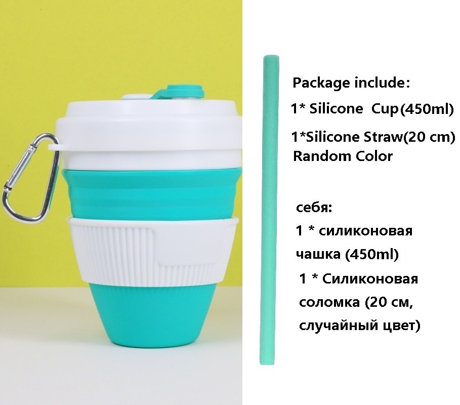 450Ml Siliconen Inklapbare Cup Handig Reizen Koffie Mok Draagbare Herbruikbare Sport Fles Met Deksels Uitbreidbaar Drinkbeker: WhiteTeal