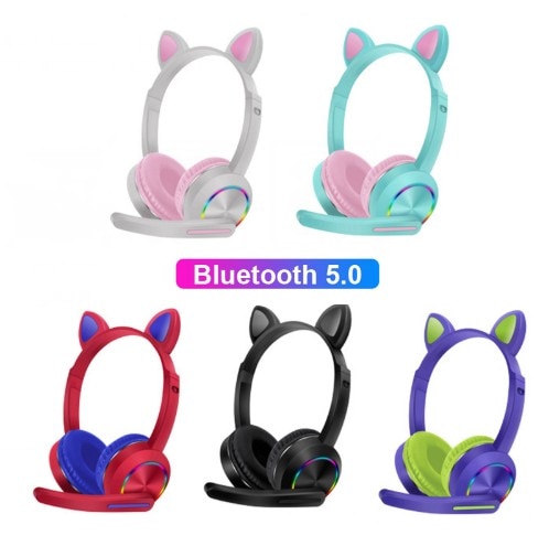 Cute Cat Bluetooth 5.0 Headphones - RGB LED Lights - Microphone - Stereo Bass Music Headset