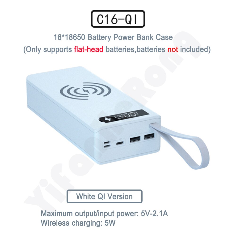 16*18650 Battery Charger Box Shell Diy Power Bank Case Dual Usb Quick Draadloos Opladen Voor Powerbank Case Zonder batterij: Wireless White