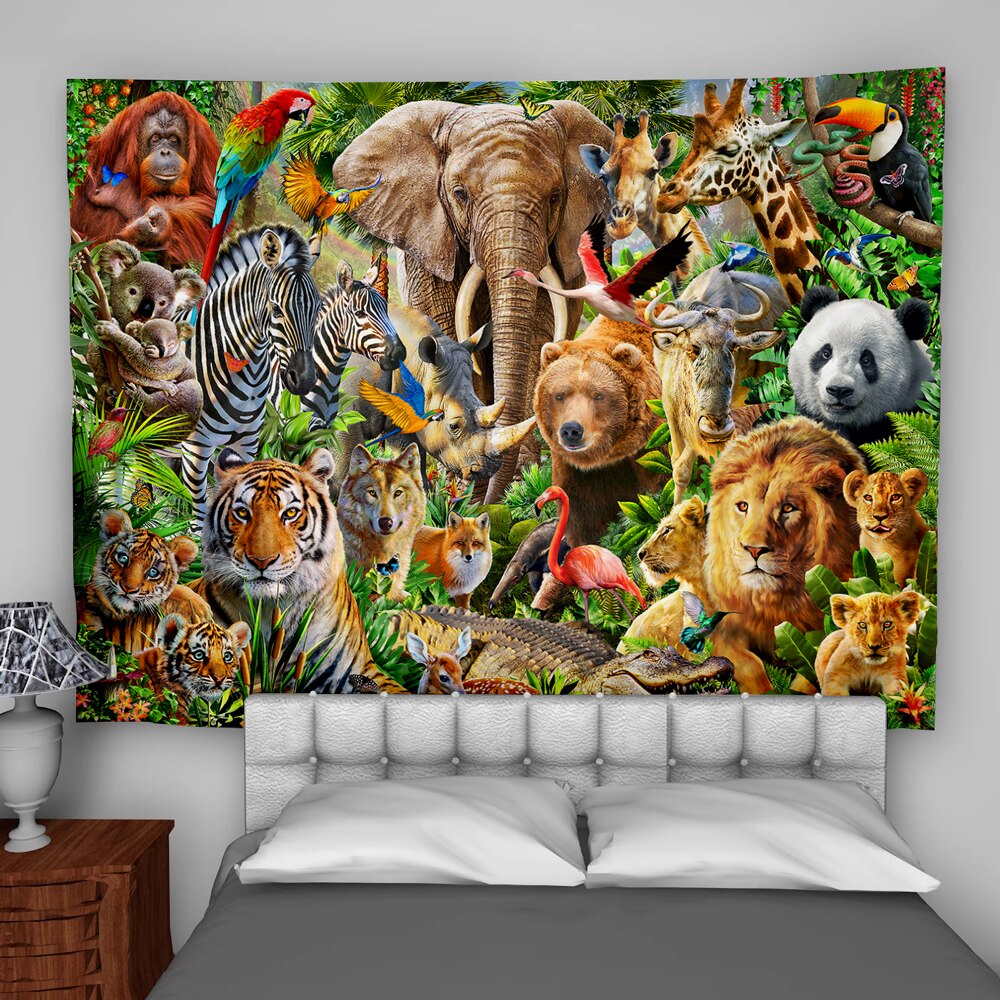 Forest Animal World Tapestry Tiger Lion Elephant Deer Koala Panda Tropical Rainforest Wall Hanging Tapestries for Bedroom Yoga