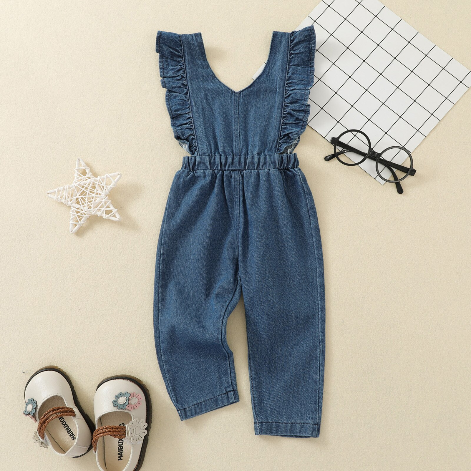 Pantalones siameses de verano para niños, Mono vaquero de Color sólido con volantes, cuello en V, sin mangas, Espalda descubierta, monos para niñas