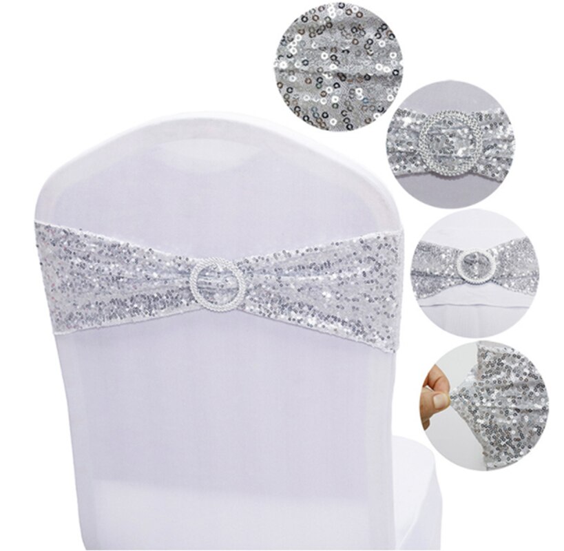 Sequin Chair Bands Stretch Spandex Chair Sash Band with Round Buckle for Wedding Events Banquet Decoration Party Supply