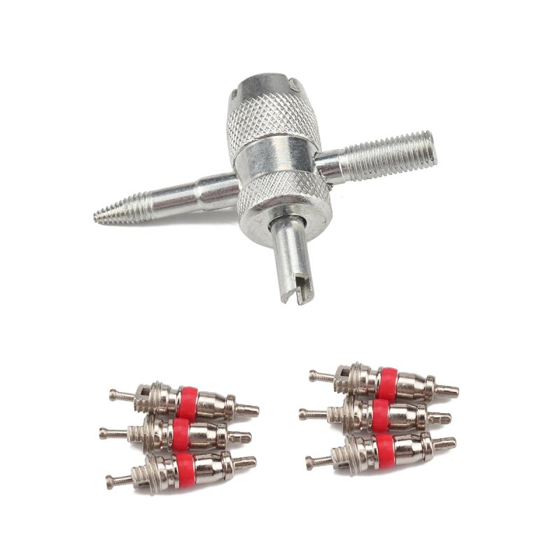 Car Truck Motorcycle Valve core Auto Replacement Parts Four-in-one Valve Tool with 6 Brass Valve Cores Fit for All Vehicle