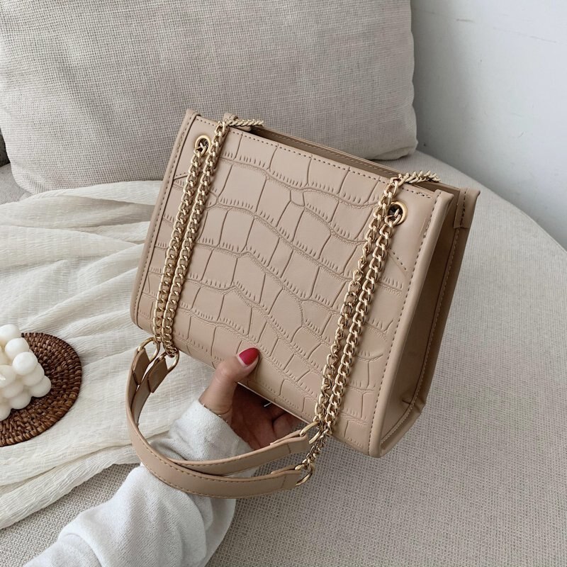 Stenen patroon kleine pu leren schoudertassen voor vrouwen dames crossbody tas dames handtassen ketting handtas: Khaki