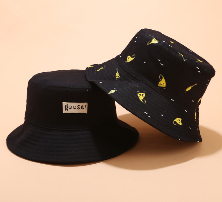 Portable des deux côtés Panama seau casquette unisexe coton dessin animé seau chapeau hommes femmes Bob casquette Hip Hop pêche en plein air jaune chapeau: Black