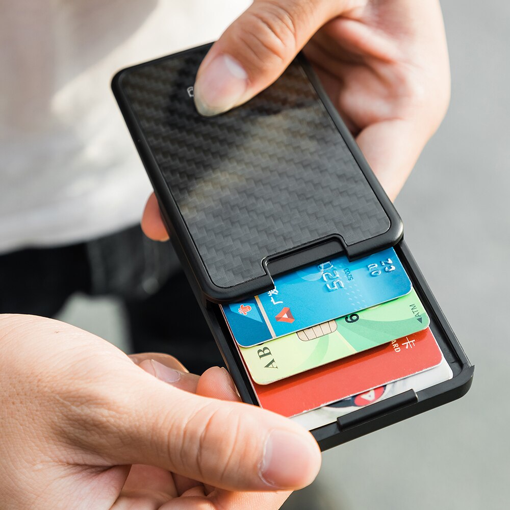 Slide Card Holder Slim Wallet Card Case With Carbon Fiber RFID Blocking Men Women Male Female