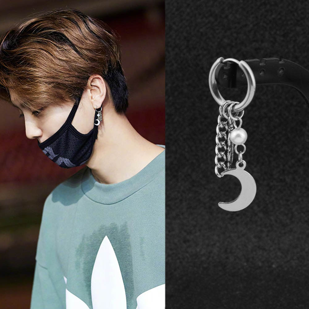 Mens Punk Oorbellen Kpop Dna Koreaanse Roestvrij Staal Stud Oorbellen Maan Veer Cross Hanger Rock Jongens Hip Hop Unisex Oor clip