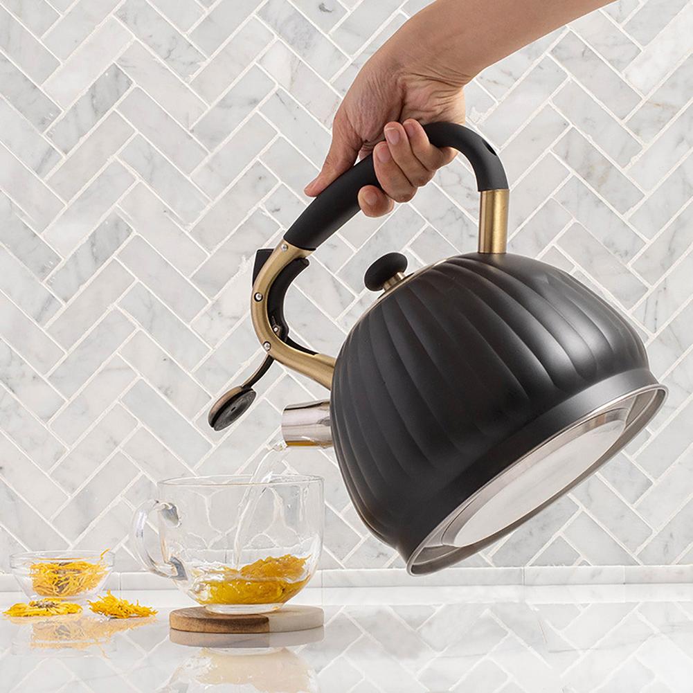 Bouilloire à thé en acier inoxydable, théière universelle en forme de citrouille noire, avec poignée résistante à la chaleur, pour toutes les cuisinières, 3,5 l
