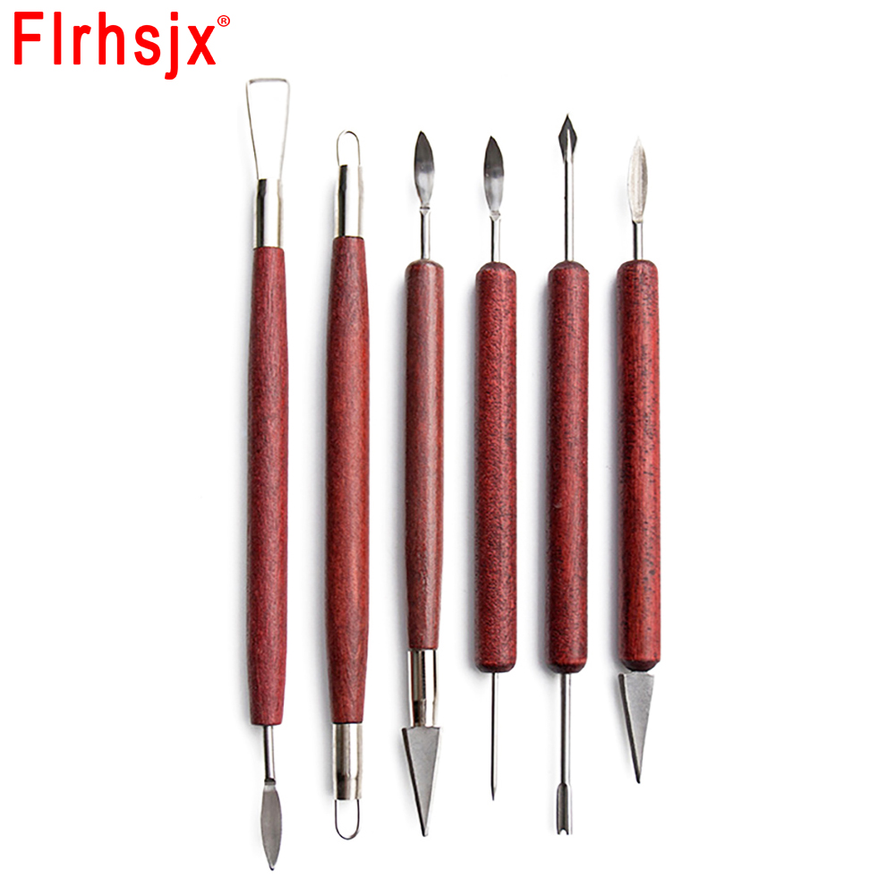 6pcs/set Pottery Clay Sculpting Tools Wooden Handle Pottery Carving Tool for Pottery Sculpture Ceramic Clay Trimming Cutting Kit