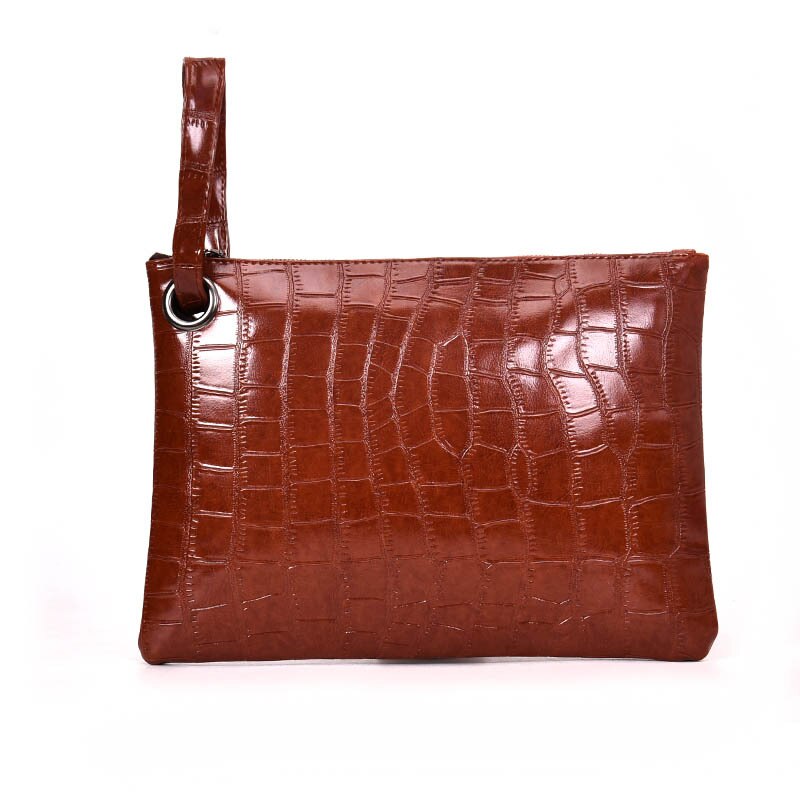 Kvinder alligator pu læder dokumentmappe luksus håndtaske konvolut stor clutch lynlås pung wristlet taske: Brun