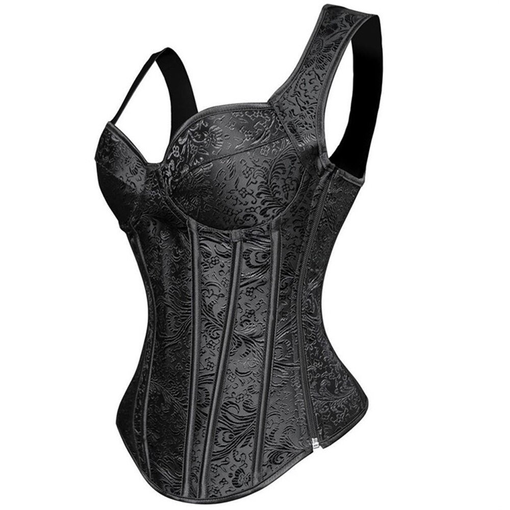 Women&#39;s Black Retro Steampunk Corset Vest Sexy Gothic Overbust Corset Top Lace Up zipper Side Corsets Brocade Bustiers