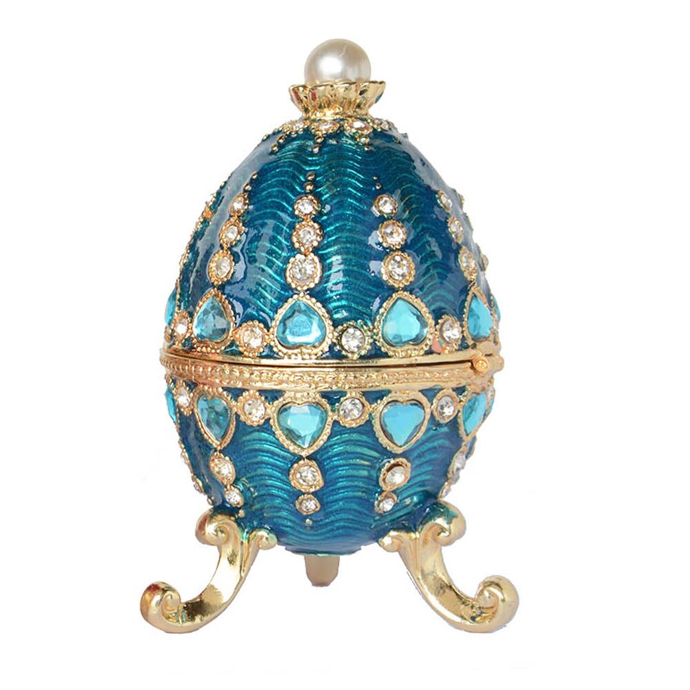 Russisk håndverk rhinestone påskeegg m slott bejeweled krystall smykkeskrin metall smykkeskrin jul/bursdag: Blå