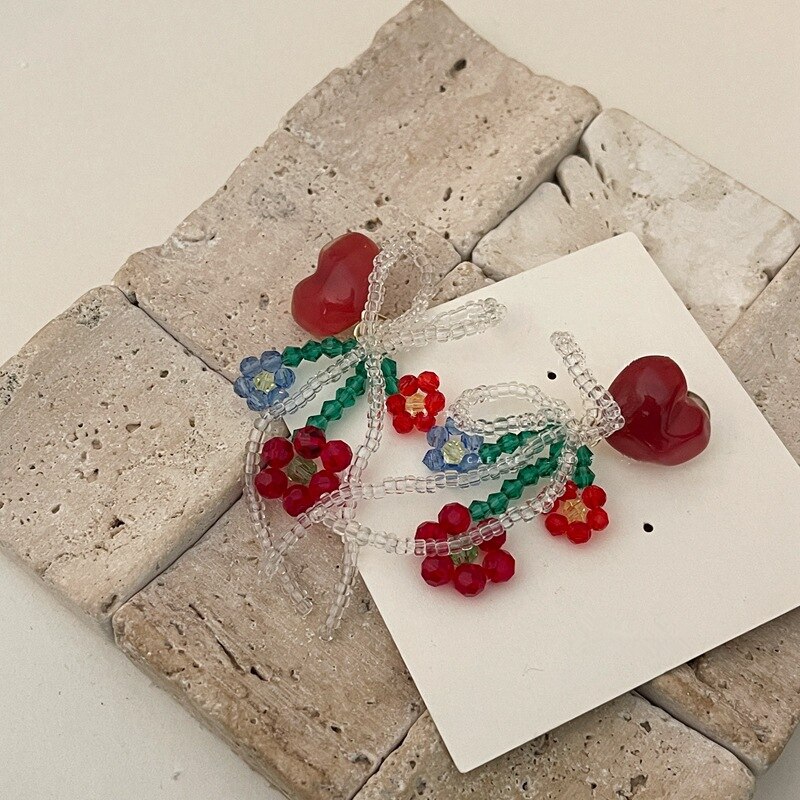 Pendientes colgantes de cristal para mujer y niña, aretes de resina con forma de corazón, flor, rojo, Vintage, francés, accesorios de joyería,