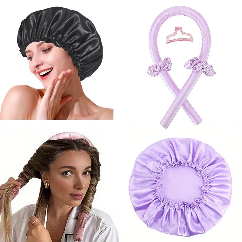 2pcs Heat Free Hair Curler Satin Silk Sleeping Cap Set Headwrap for Natural Curly Hair Long Hair Care Wave Sleeping Curling Tool: Yellow