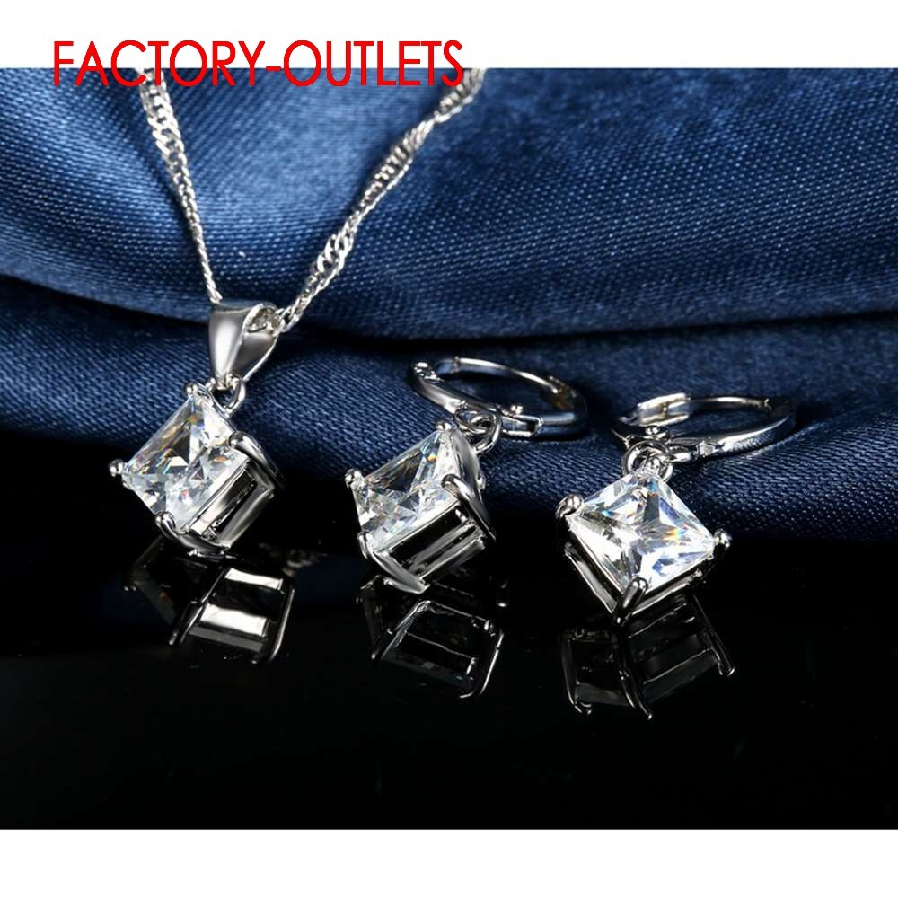 925 Sterling Silber Schmuck einstellen Klassische 4 Krallen Platz Kristall Halsketten Ohrringe Frauen Mädchen Engagement Jahrestag