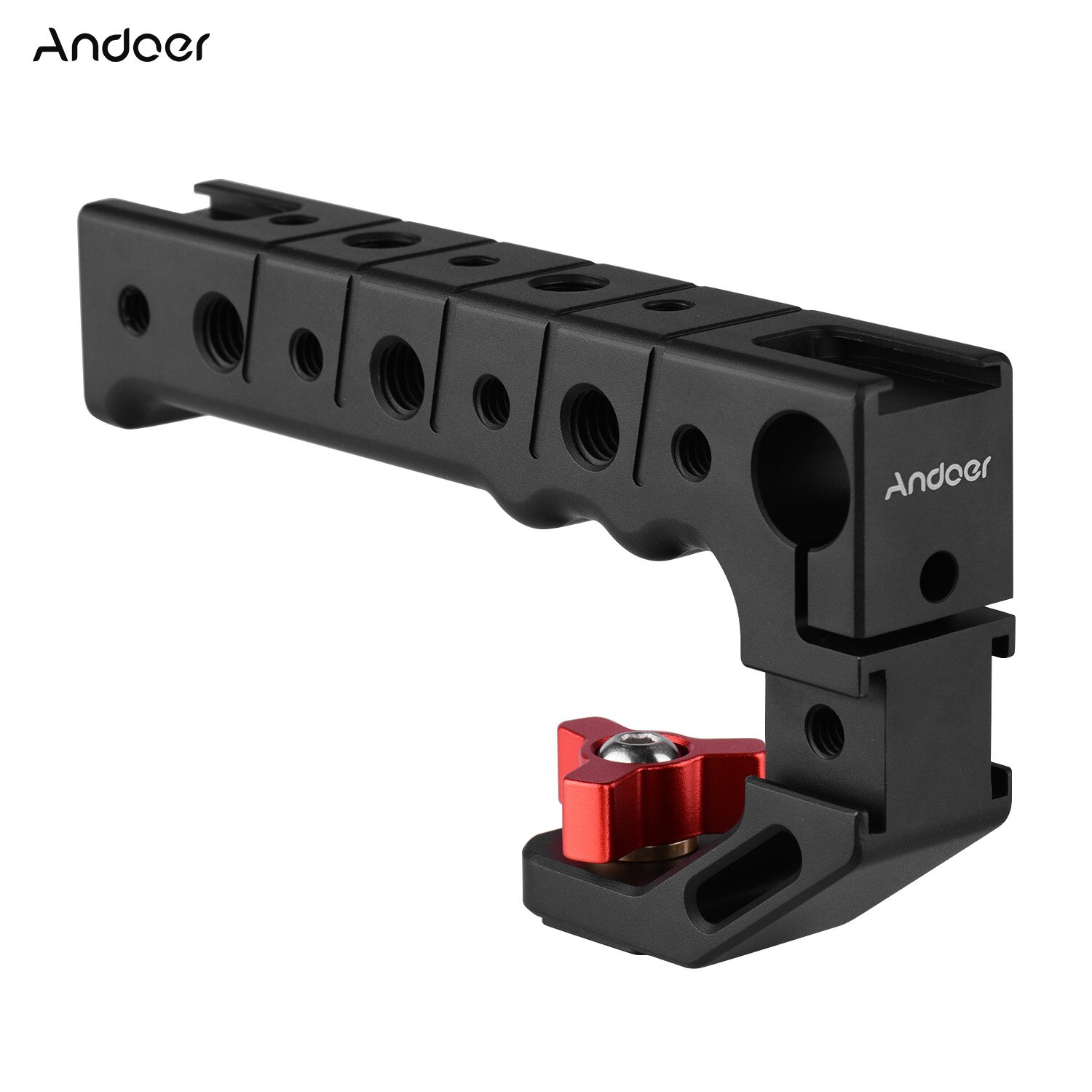 Andoer Aluminum Alloy Camera Handle Grip with Cold Shoe Mount 1/4 3/8 Threaded Holes 15mm Rod Clamp for Microphone LED Light