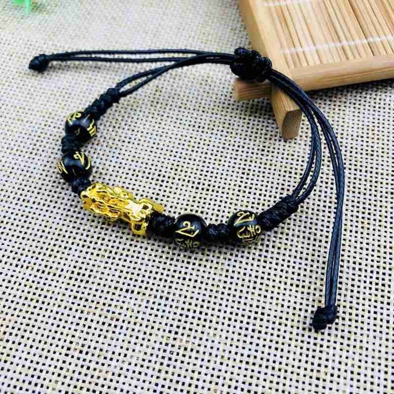 Unisex Feng Shui Obsidiaan Steen Kralen Armband Touw Polsband Gold Rijkdom Gezondheid Rijke Geluk Armband Voor Vrouwen Mannen