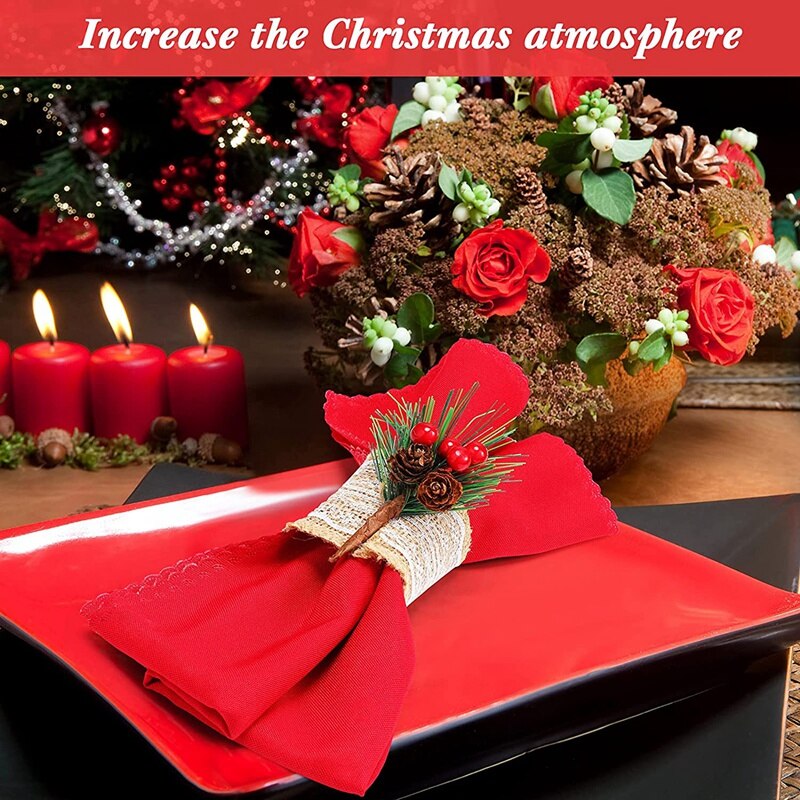 6 Stuks Kerst Servetringen Jute Servet Houders Handgemaakte Door Kunstmatige Pine Kegels &amp; Bessen, Servet Gespen Voor Bruiloft