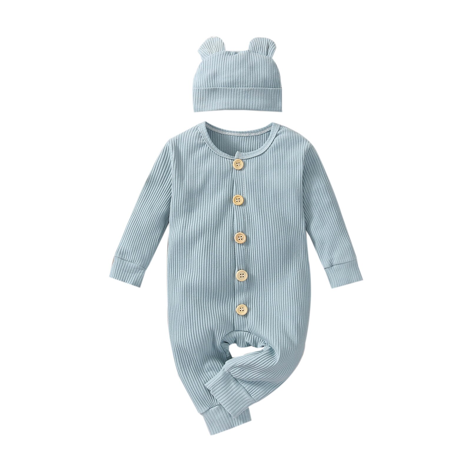 Infantil bebê meninas meninos macacão com chapéu, crianças cor sólida o-pescoço manga longa macacão + boné para outono de primavera, 0-24 meses: Blue / 6 m