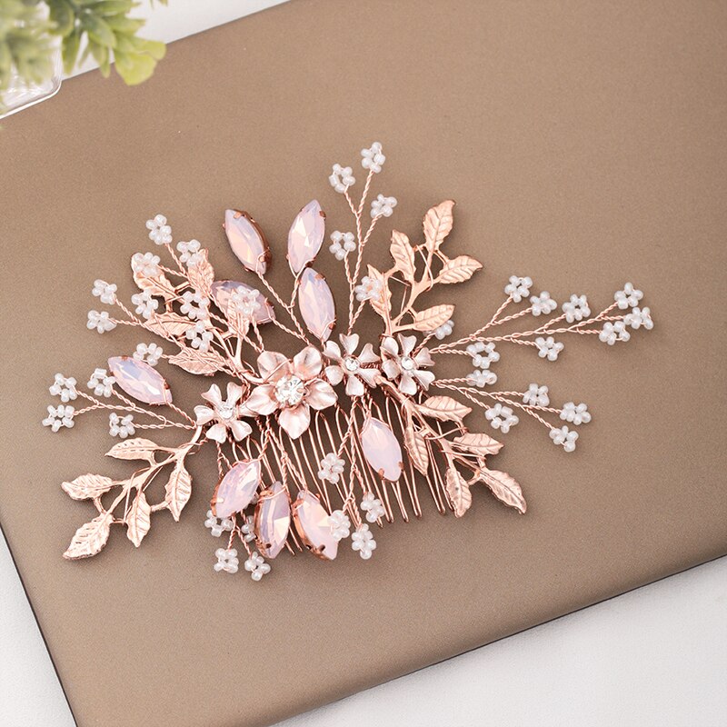 Rose Gold Wedding Hair Accessories Ladies Hair Comb Rhinestone Flower Headdress Bride Hairpin Handmade Prom Tiara Accessories