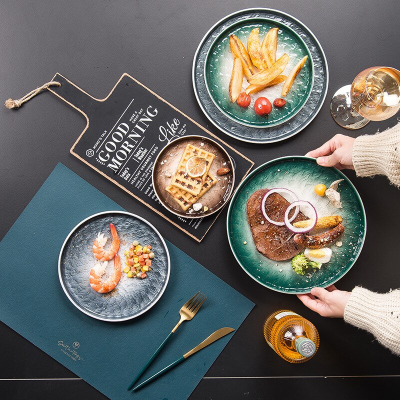 Ceramic Round Dessert Cake Bread Plate North European Salad Sushi Serving Platter Stone Pattern Dinnerware Dish Set Food Tray
