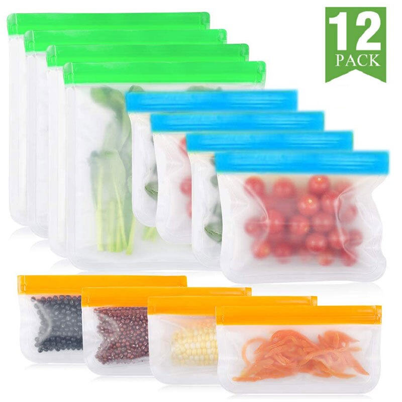 BEEMAN 15pcs Silicone Food Bag Frosted PEVA Reusable Food Storage Bag Top Leak-Proof Food Freezer Bag Kitchen Fresh-Keeping Bag