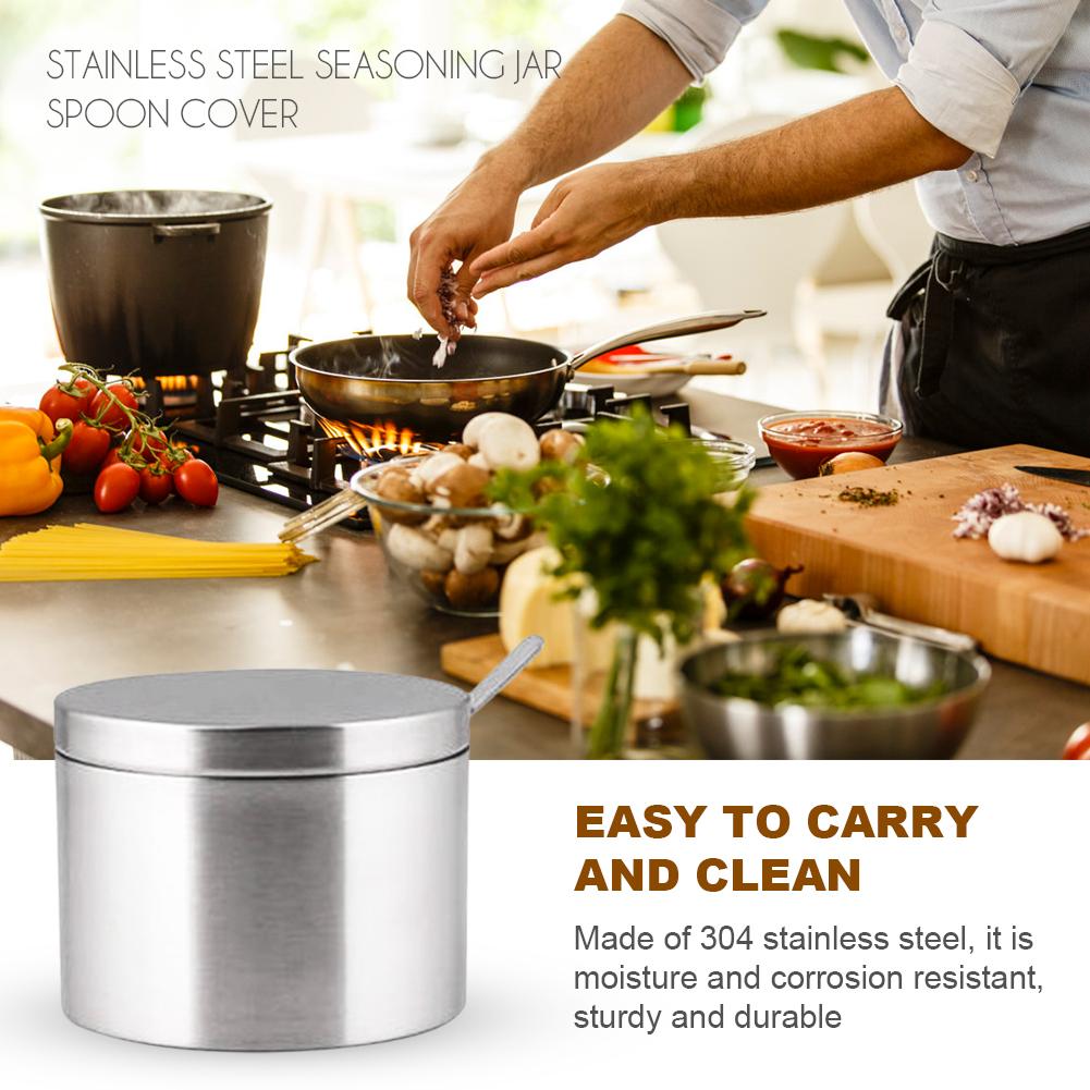 304 Stainless Steel Seasoning Jar Cylindrical Salt Sugar Cans With Spoon Kitchen Utensils Spice Box Supplies