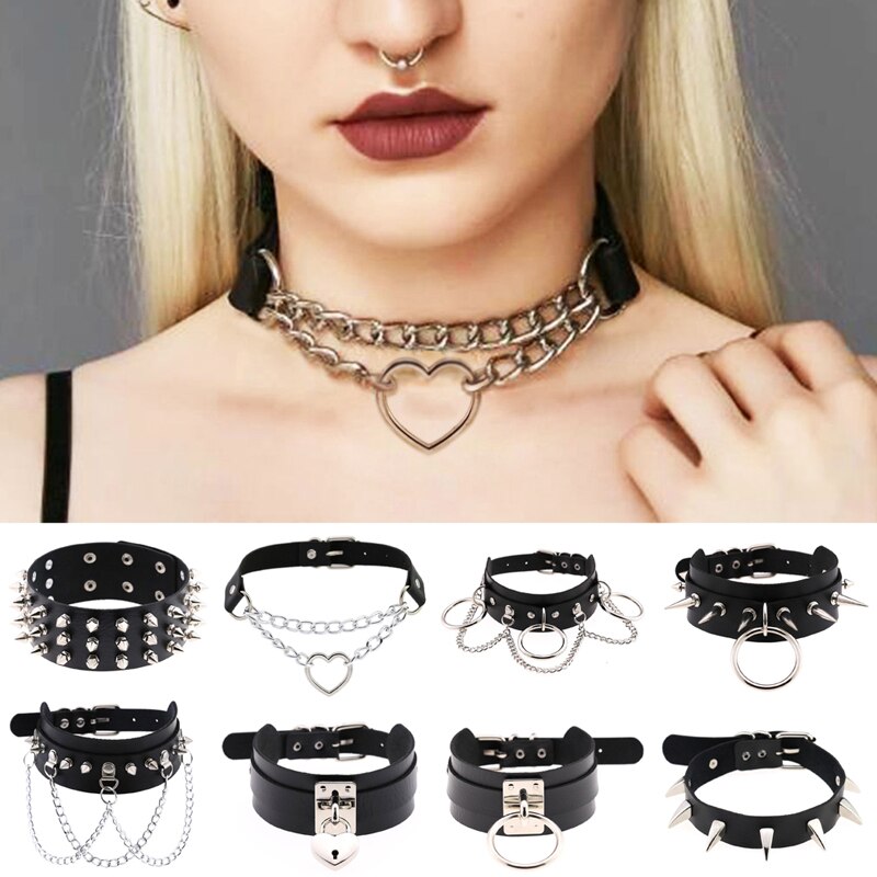 Gothic Punk Ketting Harajuku Multi Kleur Hart Met Lock Hanger Pu Lederen Choker Kraag Ketting Voor Vrouwen Meisjes Sieraden