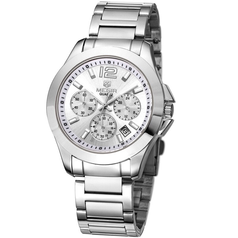 Megir Mannen Business Waterdichte Horloges Drie Ogen Chronograaf Eenvoudige Retro Mode Trend Stalen Band Quartz Horloge 5006: Silver White