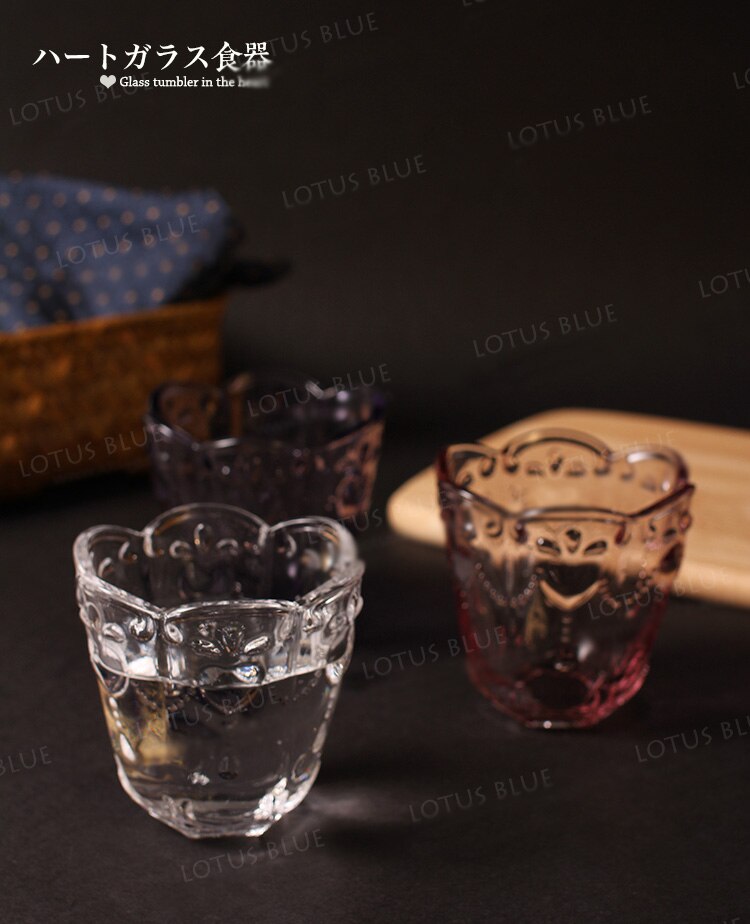 Copas redondas de vino de estilo Zakka con grabado Retro, Copas de leche para el desayuno, whisky Wiskey, color rosa y morado, corazón de vidrio