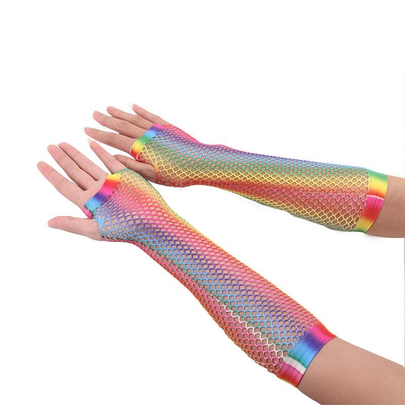 Trendy kvinder handsker hule huller handsker regnbueprint disco dans kostume performance fingerløse mesh fisknet handsker