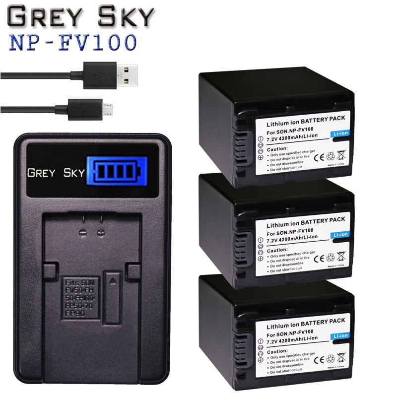 2 stk 4200 mah np  fv100 np-fv100 fv100 batterier + lcd usb-lader til sony np -fv30 np-fv50 np-fv70 sx83e sx63e fdr -ax100e ax100e: Lader og 3 batterier