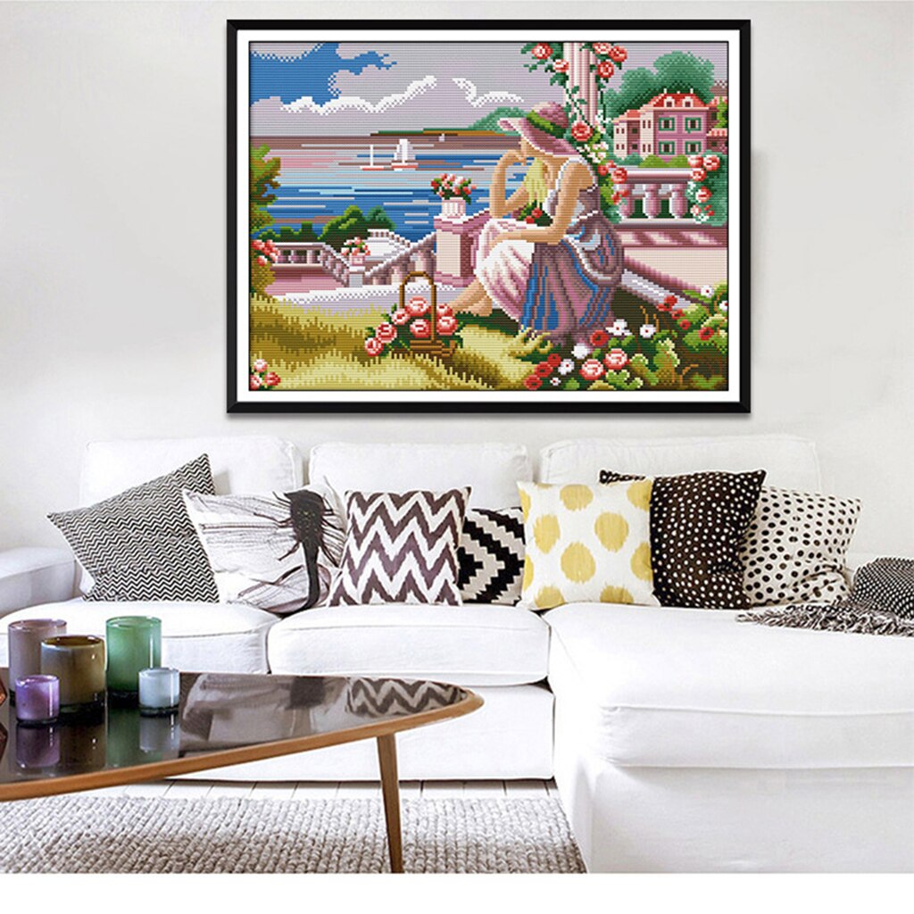 Flower &amp; Girl Stamped Cross Stitch Kit DIY Handmade Needlework for Beginners Kids Adults