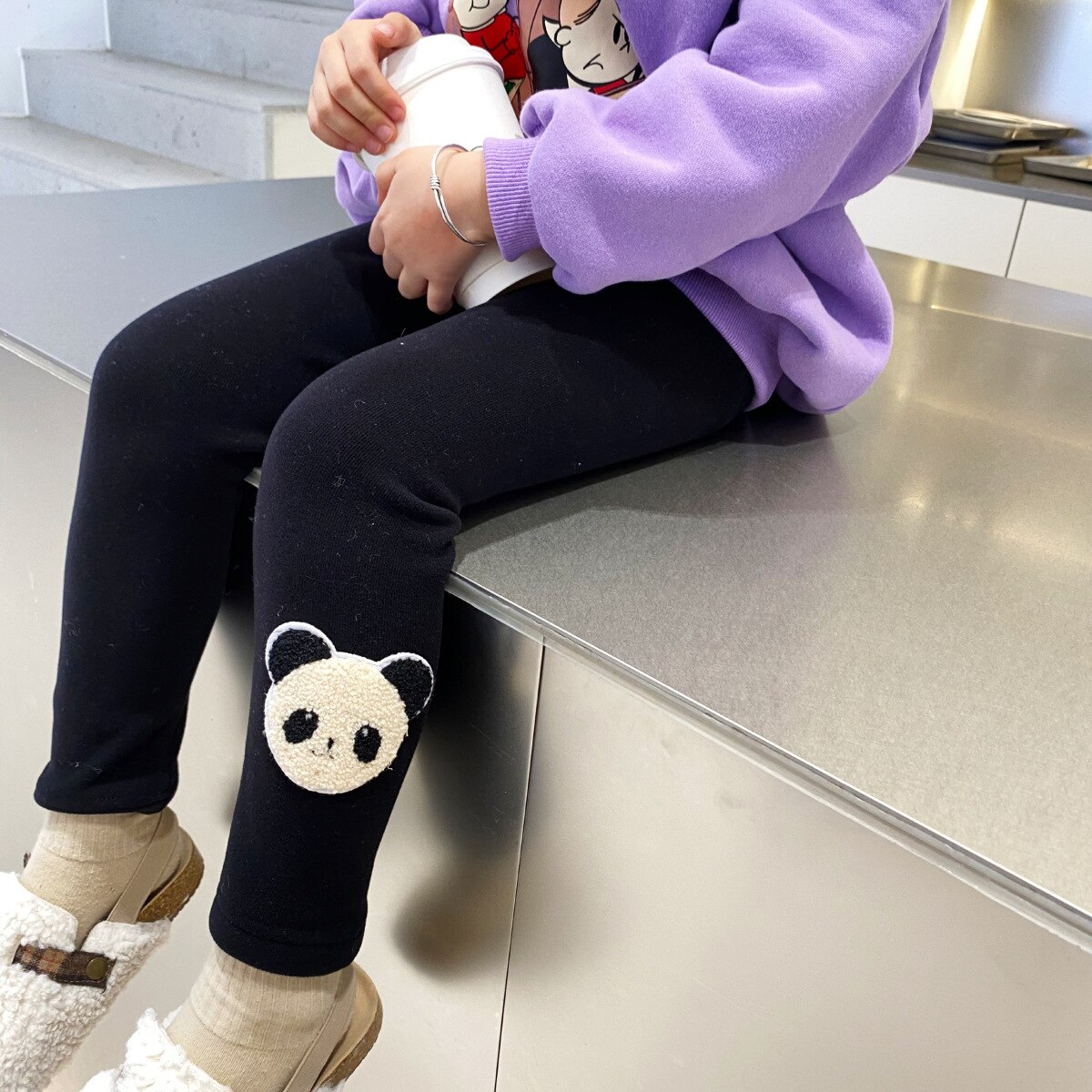 Leggings panda pour filles, collants chauds et mignons, flocage, pantalons skinny assortis, 2 couleurs, hiver: Black / 4T