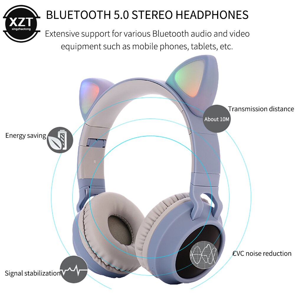 Auriculares estéreo con Bluetooth 5,0 y luz LED, bonito de gatos, auriculares Hifi inalámbricos para música, cascos estéreo con graves para teléfonos móviles y niñas, soporta tarjeta TF