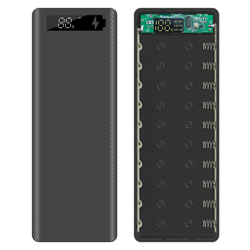 DIY Powerbank Case - Dual USB 10x18650 Batterijhouder - Digitale Display Snellader: Zwart