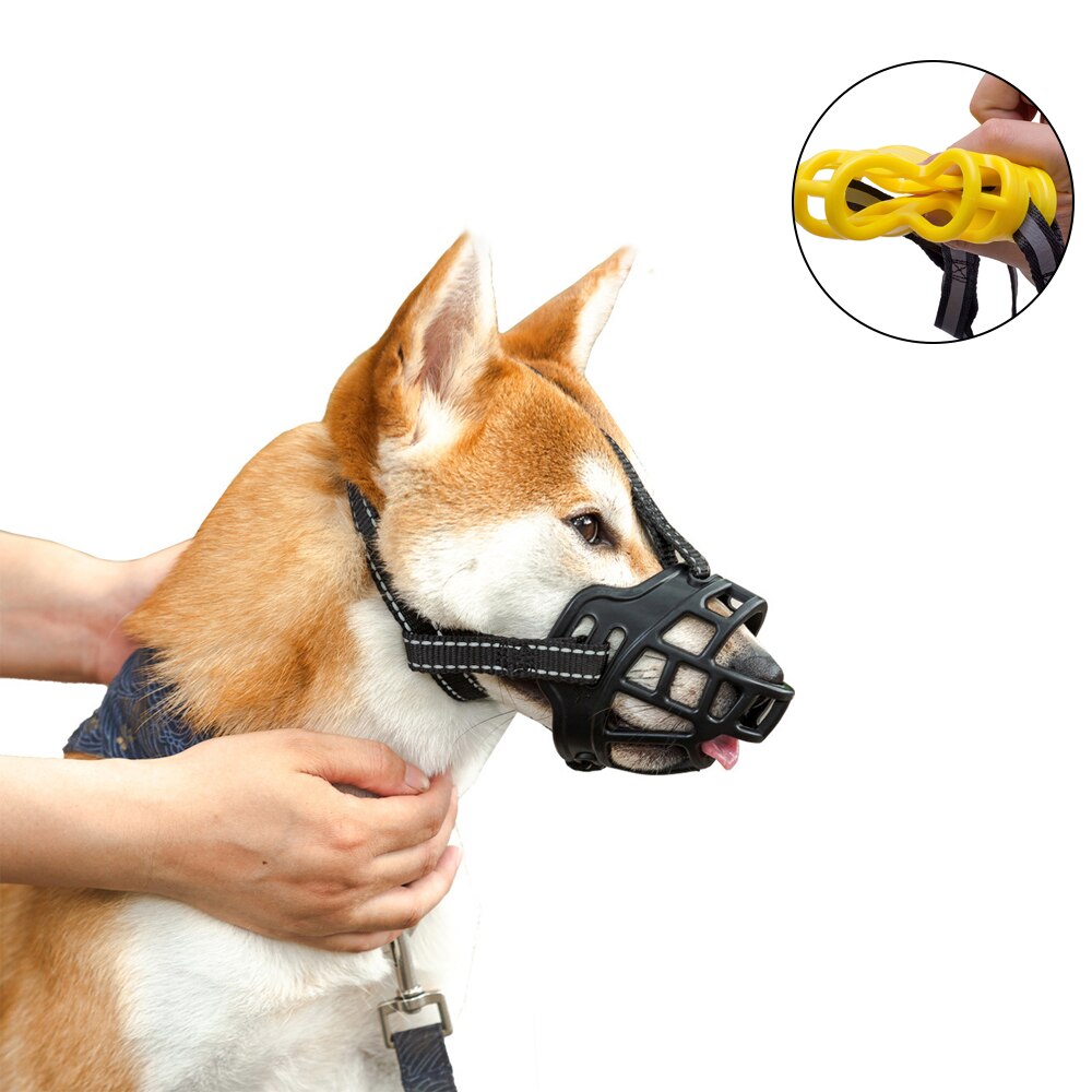 Dog Muzzle Soft Silicone Basket Prevent Barking Biting and Chewing Allow Drinking and Panting Adjustable Reflective Neck Strap
