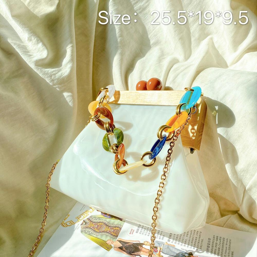 Acryl dames transparante gelei tassen retro houten clip tas dames schouder messenger tassen ketting crossbody tassen: Wit
