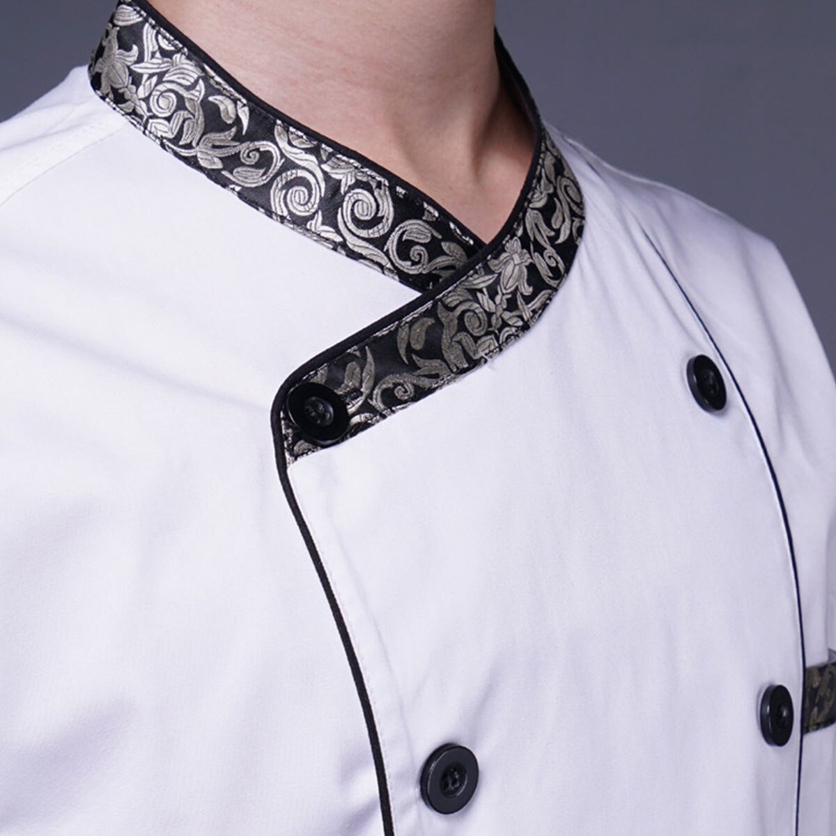 Chef Jacket Men Chef Coat Flower Print Collar Short Sleeve Chef Uniform Double Breasted Restaurant Kitchen Working Jacket